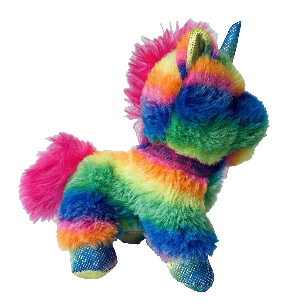 MTY International Rainbow Striped Unicorn Plush w/Pink sparkle Eyes Stuffed